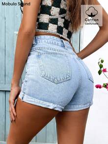 Mobula Sound Women's Casual Cherry Embroidery Design Fresh Pattern Music Festival Student Summer Denim Roll Up Hem Shorts - Blue - View 7