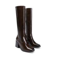 Women's Square Toe Knee High Boots Chunky Heel Side Zipper  Classic Solid Color Fashionable Y2K Party Tall Boots - 巧克力棕 - 查看 9