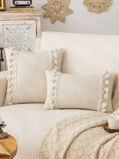 1件波西米亚风对称流苏装饰抱枕套（不含枕芯），简约亚麻质感面料抱枕套