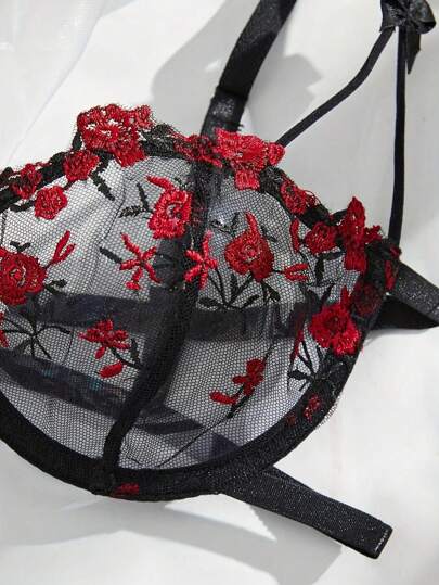 Verleidelijke Geborduurde Bloemen See Through BH Side Tied String Lingerie Set, Rave view 5