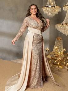 Elisanya Curve Plus Women's V-Neck Long Sleeve High Slit Fishtail Formal Evening Gown | Elegant Design - Champagne - View 8