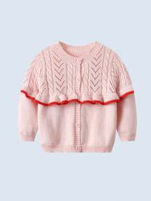 BOARNSEORL Baby Girls Pink Cardigan Sweater With Front Buttons And Ruffle Design, Elegant Fashion Versatile Top Suitable For Daily Wear, School, Party, Autumn/Winter - Pink - View 2