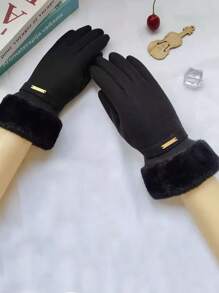 1 Pair Beige Thickened Warm Touchscreen Gloves, Autumn/Winter