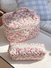 1 chiếc túi đựng mỹ phẩm chần bông đa năng in họa tiết hoa hồng đỏ, túi trang điểm thời trang thường ngày dung tích lớn có khóa kéo, túi đựng văn phòng phẩm du lịch, túi trang điểm thiết yếu cho kỳ nghỉ, túi đựng đồ, túi trang điểm, vật dụng cần thiết khi đi du lịch - Hồng - Xem 17