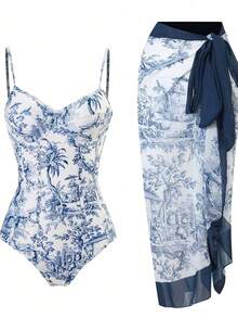 One Piece Bathing Suit For Women With Beach Cover Up Wrap Skirt Swimsuit  Retro Floral Print Bikini Set - Xanh và trắng - Xem 5