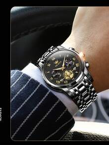 OLEVS. OLEVS 顶级男士手表陀飞轮风格时尚原创石英表 3Bar 防水运动月相表夜光计时码表男士礼物 - 黑色 - 查看 8