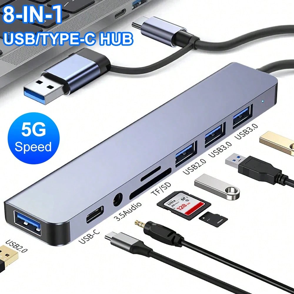 7-In-1 USB HUB With USB-C/USB3.0 Dual Interface, USB Splitter With 1 USB 3.0, 4 USB 2.0 And 2 USB-C Ports, For Electronics/PCs/Laptops And Accessories/Peripherals, Aluminum Alloy Body
