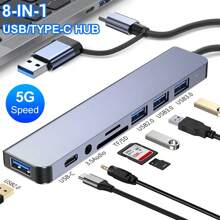 7-In-1 USB HUB With USB-C/USB3.0 Dual Interface, USB Splitter With 1 USB 3.0, 4 USB 2.0 And 2 USB-C Ports, For Electronics/PCs/Laptops And Accessories/Peripherals, Aluminum Alloy Body