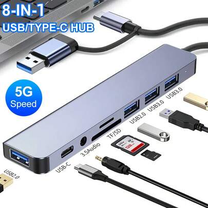 7 合 1 USB 集线器，带 USB-C/USB3.0 双接口，USB 分配器，带 1 个 USB 3.0、4 个 USB 2.0 和 2 个 USB-C 端口，适用于电子产品/PC/笔记本电脑及配件/外围设备，铝合金机身