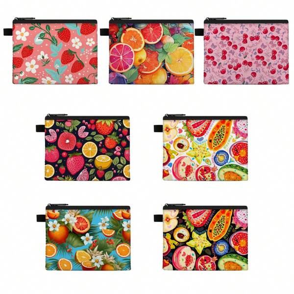 7pcs Summer Fruit Oil Painting Style Print Mini Coin Purse, Fresh Mini Wallet Coin Pouch, Double-Sided Print, Zipper Closure Elegant Gift, Holiday Party Children's Day Back To School Gift For Boys And Girls