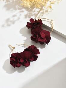 1 对优雅波西米亚风格花卉面料流苏耳环，适合女性派对和节日礼物，圆形花卉创意耳环，时尚派对配饰 - 酒紅色 - 查看 5