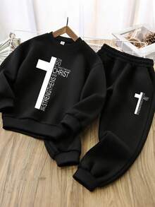 2Pcs Boy Religious Belief Style Cross Print Casual Set, Soft And Comfortable, Spring & Autumn Daily Casual Wear - Black - View 1