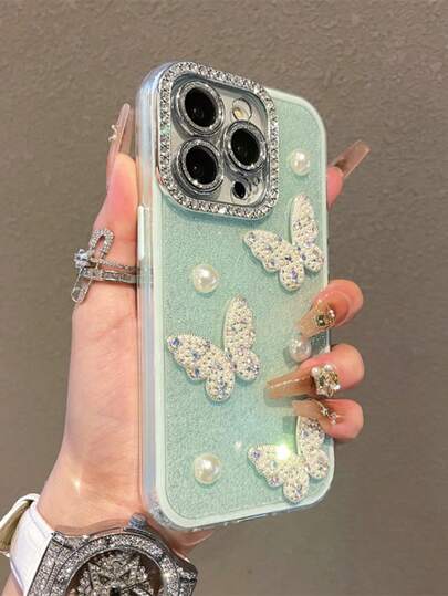 Capa de Telefone Protetora de Lente Borboleta 3D de Pérola Compatível com iPhone 16 15 14 13 12 11 Pro Max Plus, Presente de Moda Kawaii de Luxo