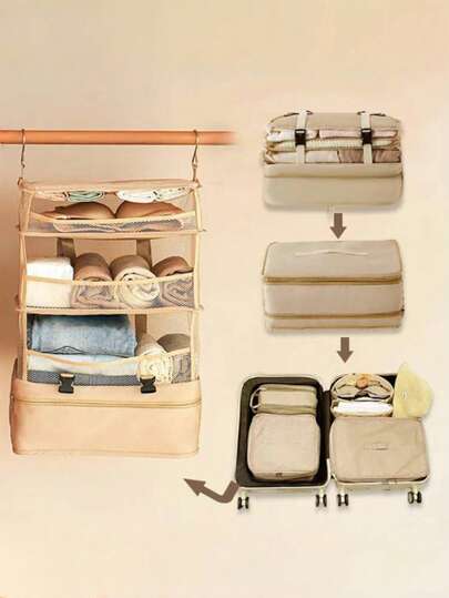 1pc Foldable Hanging Luggage Organizer, Travel Essentials, Clothes Packing Cubes With Hanging Shelves And Laundry Storage Compartment Travel Organizer Travel Luggage Bag Hanging Packing Cubes With Hanging Shelves And Laundry Storage Compartment (Hook Color Black And Silver Random)Dorm Room Essentials Clothes Organizer Closet Organization And Storage Bedroom