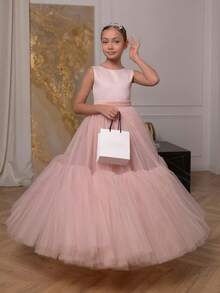 少女粉色薄纱优雅派对礼服，可拆卸公主礼服，适合女孩的生日派对、宴会、婚礼、花童、伴娘、舞会、选美 - 粉色 - 查看 2