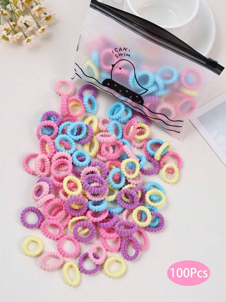 100 件女孩可爱彩色 1 英寸直径发带，新款纹理发绳马尾辫固定器发绳发饰适合日常使用 - 彩色 - 查看 1