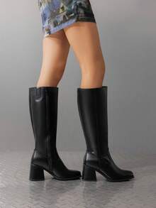 Women's Square Toe Knee High Boots Chunky Heel Side Zipper  Classic Solid Color Fashionable Y2K Party Tall Boots - 黑色 - 查看 4