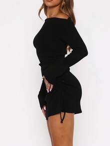 女士纯色斜肩长袖侧抽绳蝴蝶结系带喇叭长袖时尚迷你连衣裙，适合秋季穿着，可作派对礼服、婚礼宾客礼服、外出服、优雅连衣裙、秋季女装、休闲连衣裙，黑色连衣裙，春季百搭 - 黑色 - 查看 4