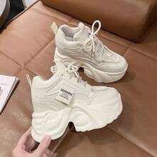 [Moxia] Platform Sneakers, Dad Sneakers, Women's Platform Shoes, Sneakers With In-Heels, Lace-Up, Stylish, Popular, Beautiful Legs, Easy To Walk In, 6.5cm Height Increase - 白色 - 查看 2