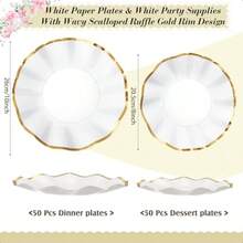 100 Pcs White Party Paper Plates With Gold Rim Scalloped Dessert Plates 10 Inch 8 Inch Disposable White Wedding Paper Dinnerware For Cake Dessert Birthday Baby Shower Tea Party Supplies - 白色 - 查看 2