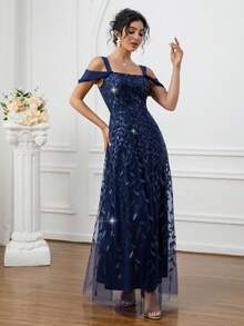 女式深蓝色刺绣露肩A字长款闪亮派对生日连衣裙 - 寶藍色 - 查看 7