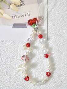 1pc Fashion Minimalist Cherry Blossom Bow Faux Pearl Phone/Camera Lanyard, Suitable As Gift For Mother, Family, Friends, Birthday, Festival, Phone Charm, Phone Strap - Red - View 4