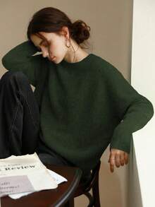 Knit Mix 优雅女士针织法式通勤毛衣，休闲宽松长袖圆领套头衫，适合秋冬季、圣诞节、感恩节、新年、情人节等节日穿着，是返校季和秋季女装的理想选择。 - 軍綠色 - 查看 3