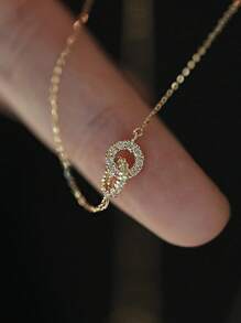 S925 纯银镀金双环项链，镶嵌 CZ 宝石，轻巧简约链条，适合学院风和旅行照片，适合送给少女的礼物