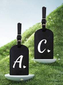 个性化皮革行李牌，可定制A-Z字母，隐私保护套，带名片槽，可爱旅行背包标签，男女通用，适用于宠物包、背包、行李箱、文具包等，旅行必备，适合海滩度假、返校季，是送给家人、朋友和老师的理想礼物，字母印花 - 黑色 - 查看 7