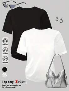 Cartoon strawberry pattern and alphabet slogan print describing strawberries,Casual Round Neck Short Sleeve T-Shirt,Oversize Loose Comfortable Cotton Blend Suitable For Summer Getaway,Unisex Solid Color Multi piece Tees Set .For Women Andfit，couples out out， - 白色+黑色 - 查看 2