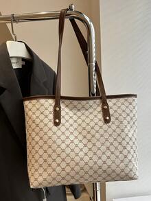 新款复古花卉印花女士托特包，大容量超轻铆钉装饰，适合通勤、购物、办公室、大学 - 白色 - 查看 7