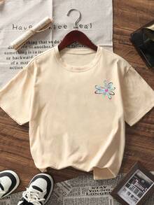 Tween Girls' Printed Short Sleeve T-Shirt, Comfortable & Fashionable Summer Top For Young Students - Apricot - View 5