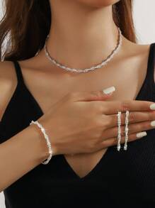 4pcs Full Rhinestone Geometric Exquisite Versatile High-End Necklace, Earring And Bracelet Jewelry Set, Suitable For Women's Daily Commute, Campus Date, Wedding Party, Valentine's Day, Holiday Gift