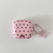 不对称粉色格子蓝星印花耳机套+星星吊坠套装，兼容苹果Pro 2/Pro/4/3/2耳机，时尚女士耳机套，简约艺术设计，使用前请撕掉保护膜 - 粉色 - 查看 3