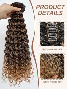 Extensiones de cabello sintético rizado de 18 pulgadas y 7 piezas, color negro natural/marrón claro, adecuadas para uso diario de mujeres y niñas - Marrón degradado - Ver 4