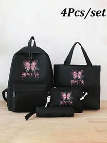 Conjunto de mochilas escolares simples e funcionais com estampa de borboleta Y2K, 4 peças, mochila da moda, bolsa de ombro de grande capacidade, bolsa para lápis portátil, porta-moedas, estilo universitário Y2K, estilo casual, adequado para adolescentes, estudantes do ensino fundamental e médio, faculdade e ensino médio, perfeito para atividades ao ar livre, viagens e volta às aulas, material escolar para a volta às aulas, mochila escolar para meninas - Preto - Ver 8