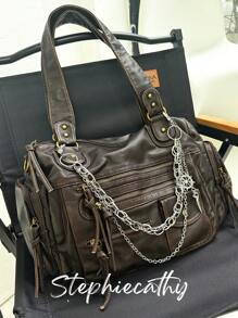 STEPHIECATHY 纯色水洗柔软PU仿皮，拉链闭合，多口袋设计，双短肩带，可调节腰带，男女通用，复古休闲实用，适合上学和日常通勤。 - 咖啡 - 查看 4