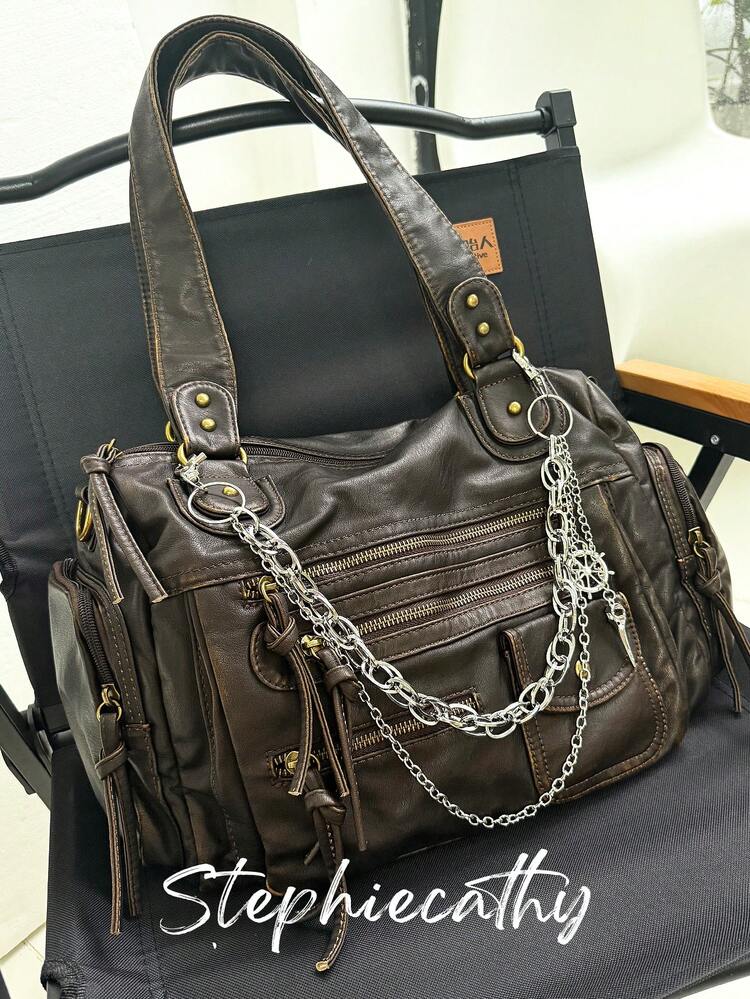 STEPHIECATHY 纯色水洗柔软PU仿皮，拉链闭合，多口袋设计，双短肩带，可调节腰带，男女通用，复古休闲实用，适合上学和日常通勤。 - 咖啡 - 查看 4