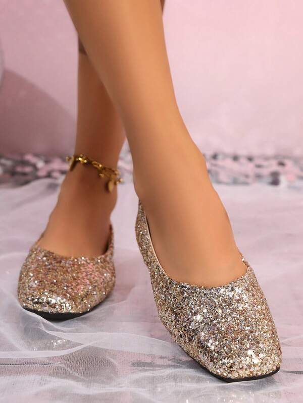 Retro Weite Bein Flache Schuhe, Bequeme Glitzer Slip-On Ballerinas für Damen in Große Größen, leicht & Fairy-Stil