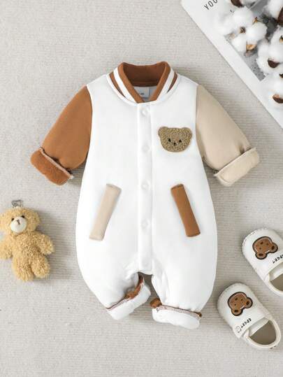 Pelele de punto suave y acanalado de manga larga para bebé niño, con parches en estilo béisbol con oso, casual y lindo, para otoño/invierno
