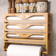 1pc Bamboo Plastic Wrap Dispenser, Aluminum Foil Dispenser With Paper Towel Holder, Foil And Plastic Wrap Organizer, Suitable For Kitchen-Back To School