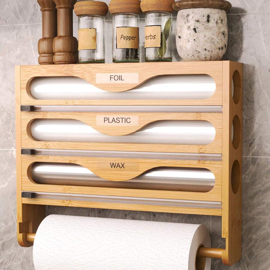 1个竹制保鲜膜分配器，铝箔分配器带纸巾架，铝箔和保鲜膜收纳架，厨房适用 - 开学季