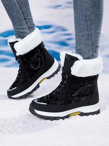 女款冬季戶外雪地靴，加厚中筒保暖雪靴，中筒冬季靴 - 黑色 - 查看 3