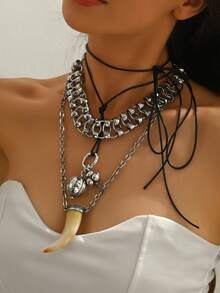 1 pieza Nuevo collar colgante de cuerno de animal multicapa apilado, diseño exagerado de lujo, joyería de moda para mujeres - Plata antigua - Ver 2