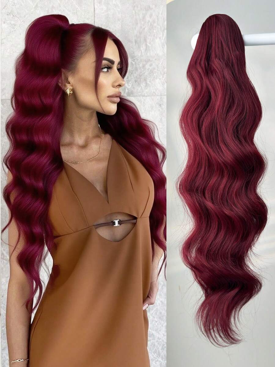 Extensiones de cola de caballo rizada de 28 pulgadas de largo - Peluca de cola de caballo sintética con peine y clip, extensiones de cola de caballo larga y esponjosa de onda profunda natural para mujeres, color rojo vino