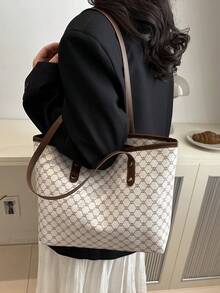 新款复古花卉印花女士托特包，大容量超轻铆钉装饰，适合通勤、购物、办公室、大学 - 白色 - 查看 5