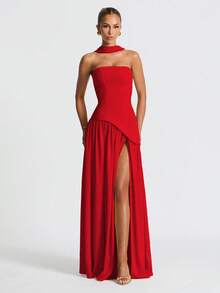Elegant Sexy Strapless Slit Flowy Evening Gown Dress For Party - Red - View 4