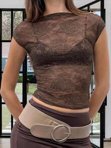 Women's Sheer Lace Tops Cap Sleeve Scoop Neck Solid Color T-Shirts Blouses - màu nâu - Xem 4