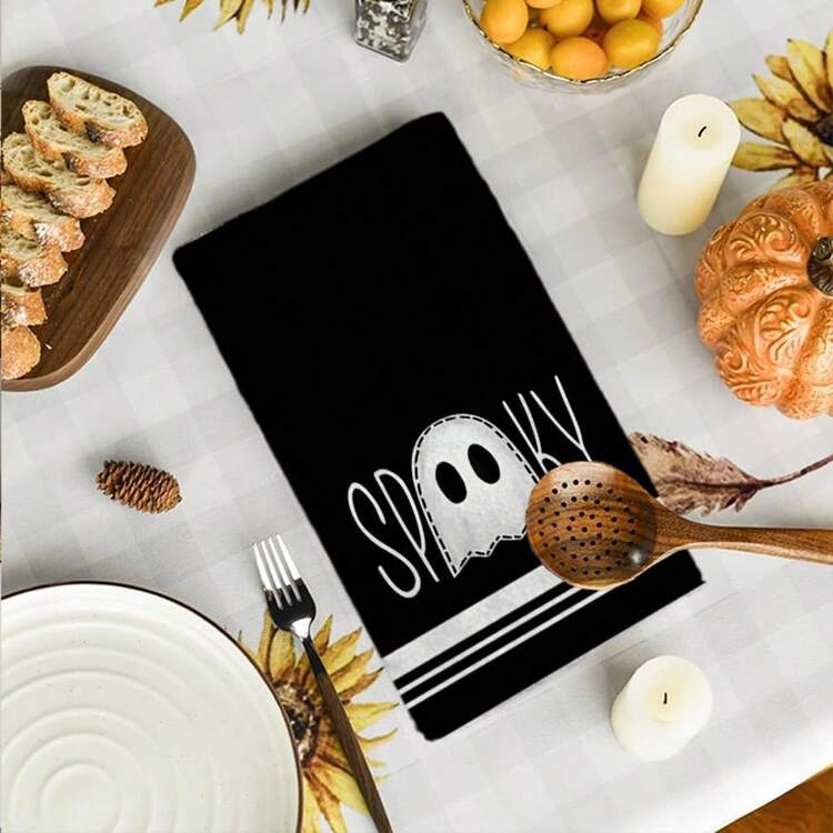 2/4/48件万圣节系列可爱鬼印花洗碗布，万圣节派对装饰，清洁垫，适用于餐厅、厨房、浴室、日常装饰、家庭聚会装饰、家居用品、送给长辈和朋友的礼物 - SJ-213 - 查看 2