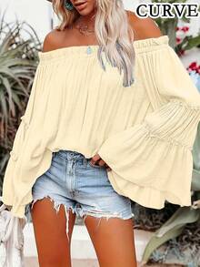 Bluzka damska w jednolitym kolorze z odkrytymi ramionami i rozszerzanymi rękawami, plisowana, w dużych rozmiarach - Morela - Zobacz 2